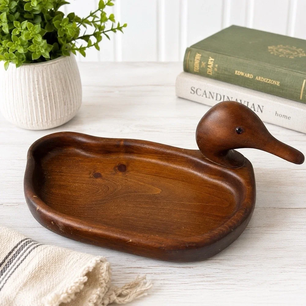 Vintage Hand Carved Wooden Duck Catchall Tray MCM Danish Modern Valet Dish 13